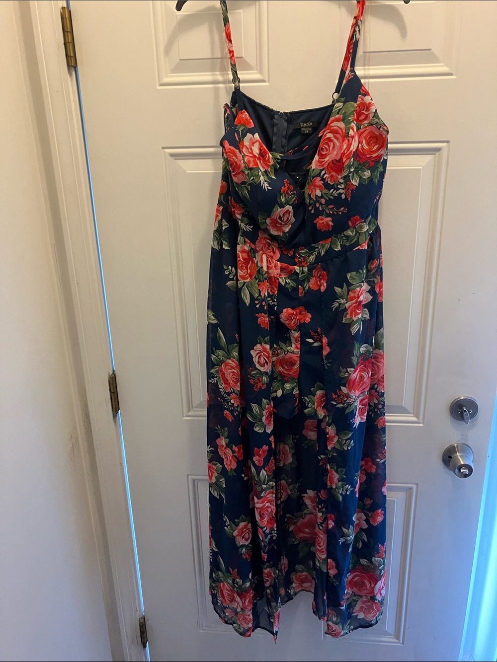 Navy Floral Maxi Dress with Pink Rose Print and Spaghetti Straps w/shorts under